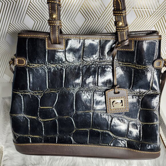 Dooney & Bourke Black Croco Embossed Leather Satchel Double Strap Tote Bag - Picture 2 of 11